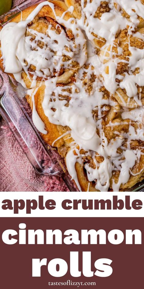 Apple Crumble Cinnamon Rolls, Apple Crisp Cinnamon Rolls, Apple Crumble Cinnamon Roll, Breakfast Bakery Items, Cinnamon Rolls And Apples, Cinnamon Breads, Apple Pie Cinnamon Rolls, Brunch Foods, Bread Pudding With Apples