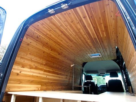 Cedar Panelling in Sprinter Camper Conversion. Apparently when they boil the kettle it smells like a sauna!! Sprinter Camper Conversion, Converted Van, Sprinter Van Camper, Cedar Paneling, Van Dwelling, Rustic Cabins, Camping 101, Sprinter Van Conversion, Van Wall