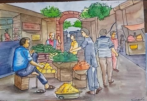 Vegetable Market Memory Drawing, Market Composition Drawing, Market Memory Drawing, Market Scene Drawing Easy, Intermediate Drawing, Composition Watercolor, Diwali Painting, Memory Drawing, Vegetable Market