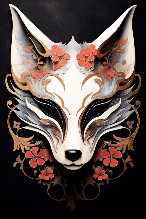 Japanese Kitsune mask depicting fox folklore on metal poster – Perfect for bedroom or kitchen wall decor enhancing home interior design. Get yours now! Kitsune Sculpture, Kitsune Reference, Fox Mask Drawing, Kitsune Mask Drawing, Kitsune Sketch, Japanese Fox Art, Kitsune Fox Art, Japanese Mask Art, Kitsune Mask Tattoo