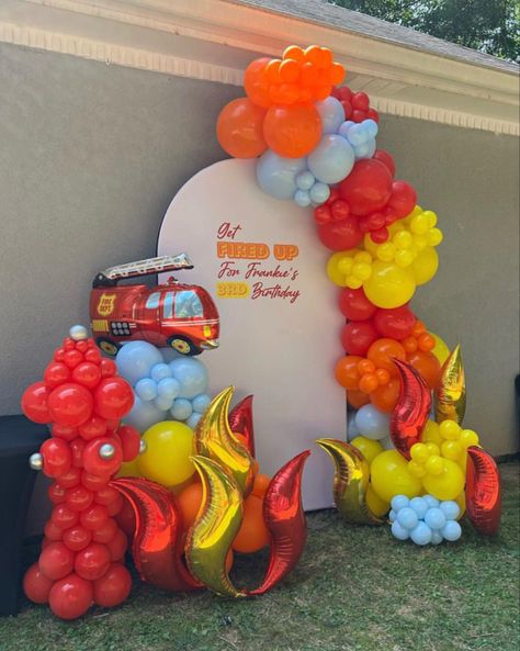 #firefighter #firedupparty #balloons #partyideasforkids #balloongarland #flames Fire Truck Birthday Balloon Arch, Firefighter Birthday Decorations, Fire Truck Backdrop, Baby Shower Firefighter Theme, Firefighter Balloon Garland, Firefighter Birthday Backdrop, Fire Balloon Garland, Fire Truck Balloon Arch, Firefighter Decorations Party