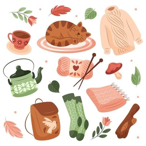 Hygge Stickers, Hygge Illustration, Illustration Freepik, Arte Van Gogh, Autumn Illustration, Stickers Set, Bullet Journal Stickers, 자수 디자인, Bullet Journal Doodles