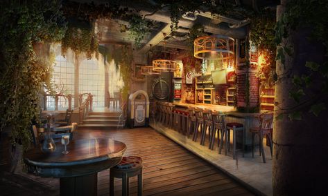 Restaurant Concept Art, Fantasy Restaurant, Anime Bar, Fantasy Concept, Restaurant Concept, Bar Art, Fantasy Places, Japanese Restaurant, Fantasy Concept Art