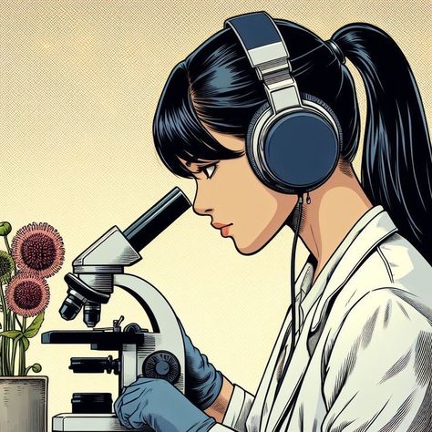 Science Anime Aesthetic, Scientist Illustration Character Design, Female Chemist Aesthetic, Anime Scientist Woman, Anime Doctor Woman, Spaceship Furniture, Female Scientist Character Design, Microscope Drawing, Scientist Drawing