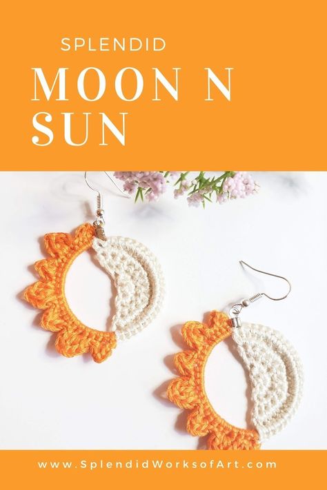 Crochet Moon Earrings, Crochet Sun Earrings, Free Crochet Earrings Patterns, Sun And Moon Crochet Pattern, Sun Moon Crochet, Solstice Crochet, Crochet Sun And Moon, Sun And Moon Crochet, Crochet Earrings Free Pattern