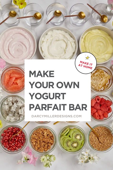 Looking for a creative way to enjoy a healthy snack? Try hosting a yogurt party! With a variety of toppings and mix-ins, you can customize your own parfait in a fun and whimsical way. This DIY parfait bar is perfect for parties, gatherings, or a simple afternoon snack. Whether you prefer sweet or savory, crunchy or smooth, there's a combination that's perfect for you. So gather your friends and family and get ready to indulge in some delicious and creative yogurt parfaits! Make Your Own Parfait Bar, Diy Parfait Bar, Build Your Own Yogurt Parfait Bar, Yogurt Buffet Bar Ideas, Build Your Own Parfait Bar, Yogurt Mix In Ideas, Diy Clio Greek Yogurt Bars, Diy Parfait Cups, Yogurt Cups For Brunch