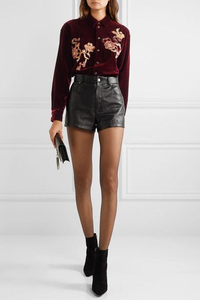 d961e9f236177d65d21100592edb0769desc53004372ri Leather Shorts Outfit, Saint Laurent Shirt, Tennis Skirt Outfit, Model Outfit, Velvet Shirt, Velvet Fashion, Polly Pocket, Elegant Shirt, Kpop Fashion Outfits