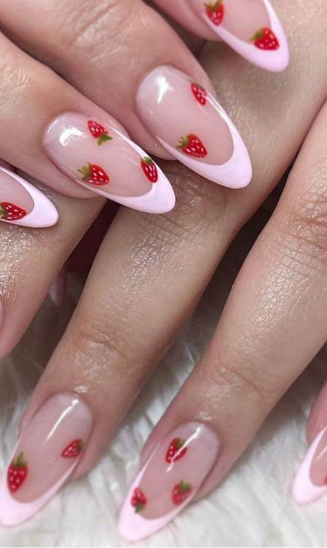 Pink Nails With Strawberries, Nail Art Strawberry, Breakfast Nails, Strawberry Nail Art, Strawberry Nails, Fruit Nail Art, Harry Styles Nails, Retro Nails, Art Deco Nails