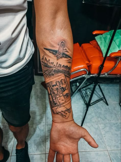 Forearm Tattoos for Men 2024: Unique Designs & Meaningful Themes Travel Leg Sleeve Tattoo, Travel Sleeve Tattoos For Guys, Travel Arm Tattoo, Aviation Tattoos For Men, Self Improvement Tattoos, Travel Tattoo Men, Travel Tattoo Sleeve, Forearm Tattoo Ideas For Men, Aviation Tattoo