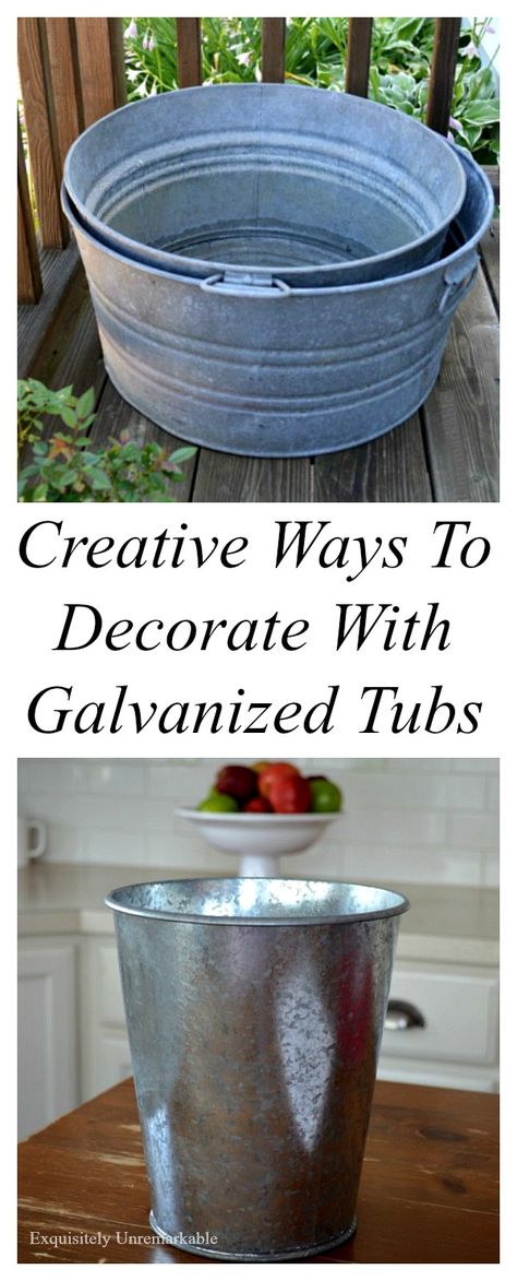 Creative ways to decorate with galvanized tubs in the garden and in your home! Come see... Metal Bucket Decor, Bucket Decor, Galvanized Decor, Galvanized Tub, Galvanized Buckets, Metal Tub, Tub Ideas, Wash Tubs, Metal Bucket