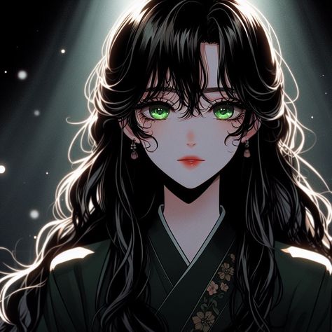 Curly Hair And Green Eyes, Black Hair And Green Eyes, Animated Girl, Black Hair Green Eyes, Anime Brown Hair, Brown Hair Green Eyes, Story Pics, Hair Green Eyes, Anime Woman