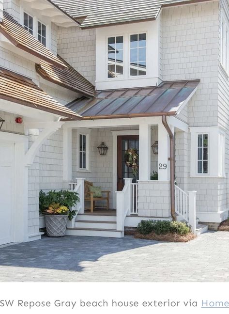 Painted Siding, Sherwin Williams Exterior Paint Colors, Exterior Gray Paint, Farmhouse Exterior Design, Brown Roof, Repose Gray, Exterior House Color, Exterior House Paint, Exterior Paint Color