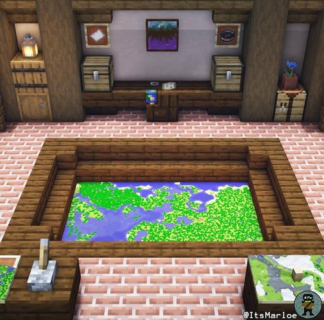 Minecraft Room Designs In Game, Minecraft Cartographer House Interior, Minecraft Curtains In Game, Map Room Minecraft Ideas, Minecraft Jewelry Store, Minecraft Map Room Design, Minecraft Map Design, Rooms To Build In Minecraft, Cartography Table Minecraft