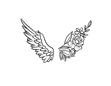 Half Wing Half Flower Tattoo, Angel Wing Remembrance Tattoo, Tattoo Ideas With Angel Wings, Wing And Flower Tattoo Designs, Angel Wing With Flower Tattoo, Half Angel Wings Half Flowers Tattoo, Half Angel Wing Half Flower Tattoo, Motorcycle Angel Wings Tattoo, Wings Flowers Tattoo