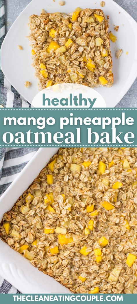 Healthy Mango Pineapple Oatmeal Bake is an easy, meal prep friendly breakfast. Gluten free, dairy free, simple to make and packed with pieces of fruit! This tropical baked oatmeal is delicious - filled with pineapple, coconut and mango - it's like a vacation in a dish! Mango Baked Oatmeal, Breakfast Gluten Free Dairy Free, Pineapple Oatmeal, Casseroles Healthy, Dinner Snacks Appetizers, Breakfast Baked Goods, Delicious Healthy Breakfast Recipes, Breakfast Gluten Free, Healthy Snacks On The Go