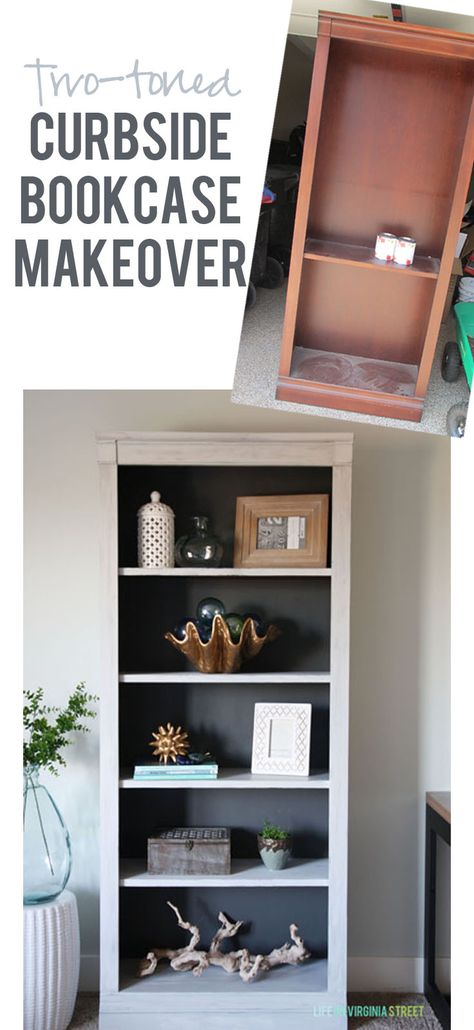 Two-toned Curbside Bookcase Makeover - easy update with chalk based paint! Book Case Upcycling, Paint Inside Of Bookcase, Two Tone Bookshelf, Painting Shelves Ideas, Chalk Paint Bookshelf, Bookcase Painting Ideas, Two Tone Bookcase, Painting Furniture Ideas, Chalk Paint Colors Furniture