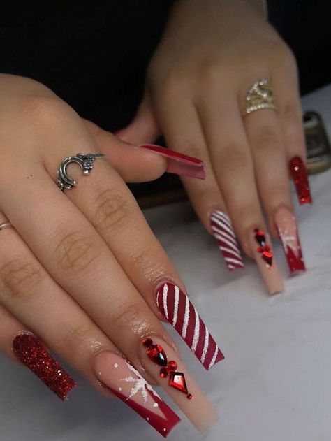 Nail Ideas Christmas, Fake Acrylic Nails, Nail Tip Designs, Press On Nails Long, Nails Art Designs, Nagel Tips, Coffin Press On Nails, Nail Forms, Festival Nails