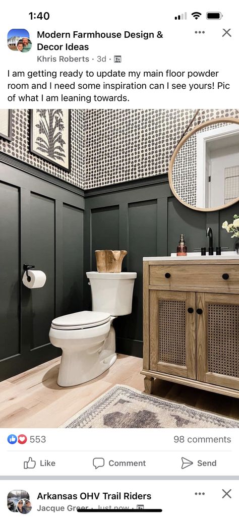 Green Powder Room, Crown Paint, Cove Moulding, Green Accent Walls, Board And Batten Wall, Modern Farmhouse Design, Board And Batten, Laundry In Bathroom, Master Bedrooms Decor