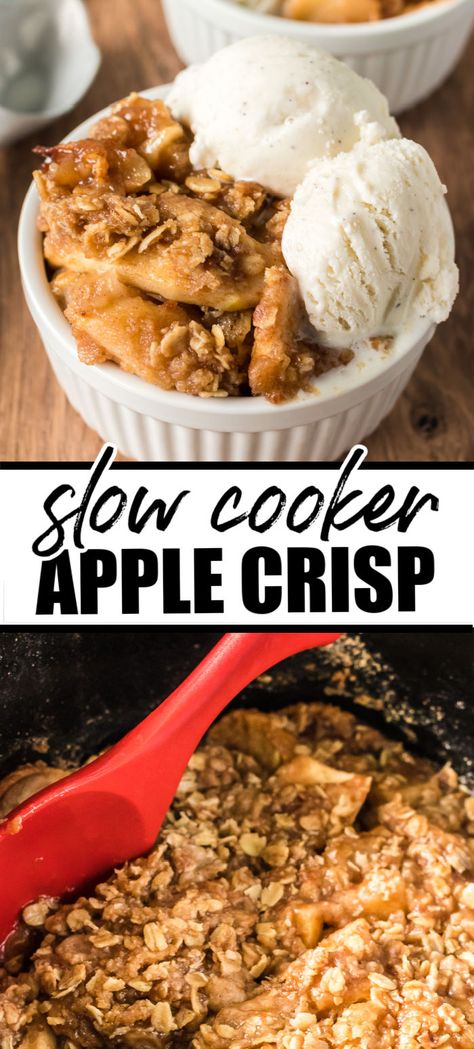 Easy Slow Cooker Apple Crisp with brown sugar cinnamon oat topping is the perfect way to use some of your favorite apples. Served warm or cold, this dessert is a favorite! | www.persnicketyplates.com Crockpot Apple Crisp With Pie Filling, Easy Crockpot Apple Crisp, Apple Crisp Crockpot Easy, Crock Pot Apple Crisp Recipe, Apple Crockpot Recipes, Crock Pot Apple Crisp, Slow Cooker Apple Cobbler, Apple Crisp With Oatmeal, Apple Crisp Recipe Healthy