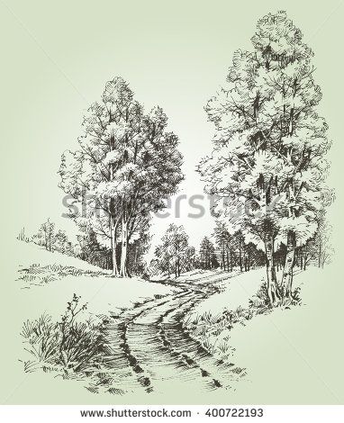 A path in the forest - stock vector Tree Hatching, Gabriel Drawing, Drawing Landscapes, Woods Landscape, Forest Sketch, Ormanlık Alan, Mountain Sketch, Landscape Pencil Drawings, Drawing Scenery