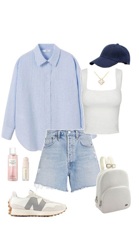 Summer outfit idea, inspiration, fashion, shirt, shorts, golden jewells, new balance #ad #sponsored  shirt - https://amzn.to/4di8Lzs top - https://amzn.to/4d8tQw8 shorts - https://amzn.to/446bOXh shoes - https://amzn.to/3Jr6qVd cap - https://amzn.to/3xIaUUx backpack - https://amzn.to/3WczK9l accessories - https://amzn.to/3xNclkR https://amzn.to/3xJaZYe https://amzn.to/4aKFziJ New Balance Ad, Striped Long Sleeve Shirt Outfit, Oversized Outfit Summer, Leather Shorts Outfit, Long Sleeve Shirt Outfits, Outfits With Striped Shirts, Oversized Shirt Outfit, Capsule Wardrobe Casual, Striped Tops