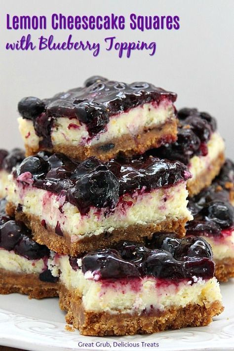 Lemon Cheesecake Squares with Blueberry Topping is homemade lemon cheesecake, topped with a blueberry sauce in a graham cracker crust. #lemon #blueberry #cheesecake #desserts #dessertsfoodrecipes #greatgrubdelicioustreats Blueberry Cheesecake Bars, Blueberry Cheesecake Recipe, Lemon Blueberry Cheesecake, Moist Lemon Cake, Cheesecake Squares, Blueberry Topping, Blueberry Sauce, Blueberry Desserts, Cheesecake Desserts