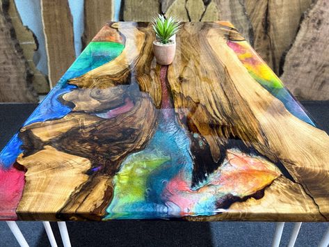 River Tables Epoxy Desks, Glass Epoxy Table, Epoxy Tables With Multiple Colors, Small Resin Dining Table, Rosin Wood Table, Expoxy Dining Table, Epoxy Camper Table, Epoxy Resin Crafts Wood Bowl, Matte Resin Table