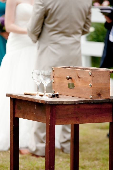 Wine box Ceremony -  couples write love letters to each other and seal them up along with the bottle of wine. Some couples choose to open the box when they are having difficulties in their marriage–to remind them of their love and why they got married in the first place. At a wedding I recently attended, the bride and groom put champagne in their box {the groom made the box} and have chosen to open it up each year on their anniversary. Ceremony Unity Ideas, Wedding Ceremony Unity Ideas, Write Love Letters, Unity Candle Alternatives, Unity Ideas, Wine Box Ceremony, Wine Box Wedding, Unity Candle Ceremony, Batman Wedding