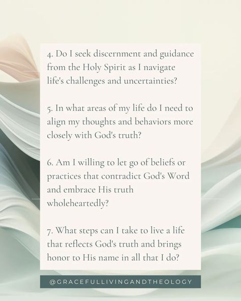 Dive into self-reflection with these 7 thought-provoking questions inspired by John 17:17.  Let's journey together towards embracing God's truth in our lives.🤍🕊️  Graceful Living & Theology  #savedbygrace #healing #FaithJourney #TrustInHim #FaithInAction #christianliving #womensministry #theology #womenledbyfaith #godlywoman #scripture #christianity #StrengthInGod #faith #grace #gracefulliving #confidenceinchrist #christian #trustgod #holybible #wordofgod #ministry #biblequotes #bibleverse... Biblical Questions To Ask Yourself, Christian Reflection Questions, Christian Journal Prompts For Women, Spiritual Direction Questions, Christian Woman Journal Prompts, Self Reflection Questions, John 17, Reflection Questions, Godly Relationship