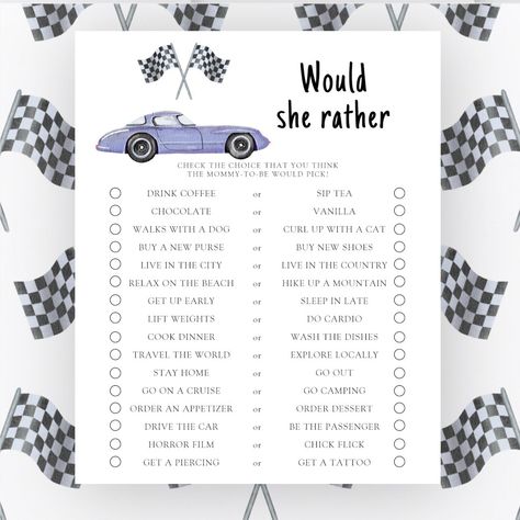 Race car baby shower Would she rather game F1 Baby Shower Theme, Vintage Car Baby Shower Theme, Car Baby Shower Ideas, Race Car Baby Shower Ideas, Car Baby Shower Theme, Race Car Games, Would She Rather Game, Race Flag, Violet Vintage