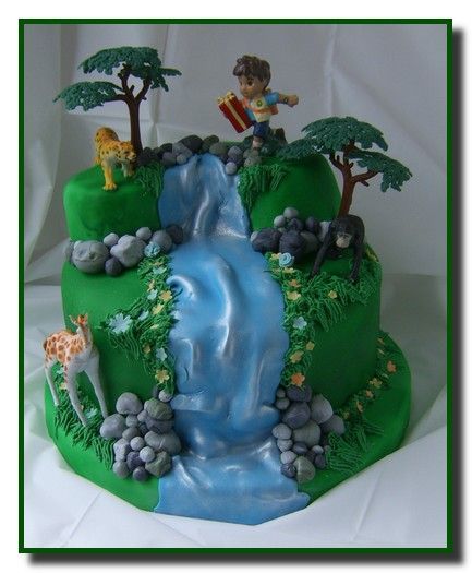 Waterfall Cake, Diego Cake, Baby Shower Sheet Cakes, Jungle Theme Cakes, Island Cake, Flat Cakes, Oreo Cream, Lion King Cakes, Jungle Cake