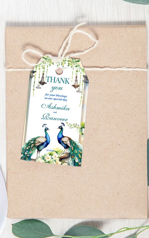 Peacock jasmine Indian wedding thank you favor gift tags template modern watercolor peacock tags Thank You Tags For Wedding, Thank You Card Wedding, Gift Tags Template, Indian Invitation, Indian Invitation Cards, Indian Invitations, Wedding Name Tags, Watercolor Peacock, Peacock Gifts