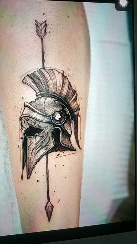 Ares Helmet Tattoo, Sparta Helmet Tattoo, Arm Tattoos For Man, Spartan Helmet Tattoo Design, Spartan Tattoos For Men, Roman Gladiator Tattoo Design, Roman Helmet Tattoo, Roman Soldier Tattoo, Troy Tattoo