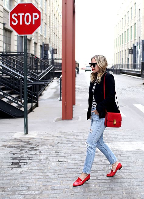 December 18, 2017 Parisian Flair - Coat | Tee: Alexander Wang | Denim: Levi’s | Loafers: Sarah Flynt | Bag: Celine | Lipstick: Ruby Woo Styling A Red Bag, Red Flats Outfit, Loafer Outfits Women, Red Sneakers Outfit, Mom Friendly Outfits, Red Bag Outfit, Chic Mom Outfits, Red Shoes Outfit, Brooklyn Blonde