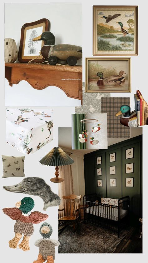 #babynursery #boynursery #ducknursery #mallard Scottish Themed Nursery, Antique Hunting Nursery, Vintage Mallard Duck Nursery, Old Money Nursery Boy, Vintage Duck Nursery Theme, Baby Boy Nursery Duck Hunting, Color Drenched Nursery, Duck Hunting Themed Nursery, Mallard Duck Nursery Baby Boy