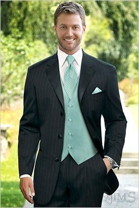 black tux with vest &(red tie and red rose infront of lapel?) ours would be light blue maybe Wedding September, Abbey Wedding, Wedding Tux, A Man In A Suit, Tiffany Blue Wedding, Man In A Suit, Groom Tuxedo, Black Tux, Vest And Tie