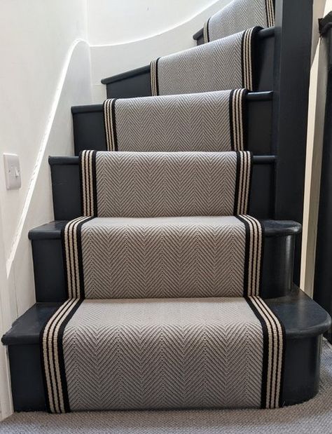 Stair Runners | Stair Runners London | Bespoke Runners — B&R Carpet Company Stairways Ideas, Stairs And Hallway Ideas, Stairway Carpet, Black And White Stairs, Striped Stair Runner, Stair Runner Installation, Stairs Carpet, Black Staircase, Hall Stairs