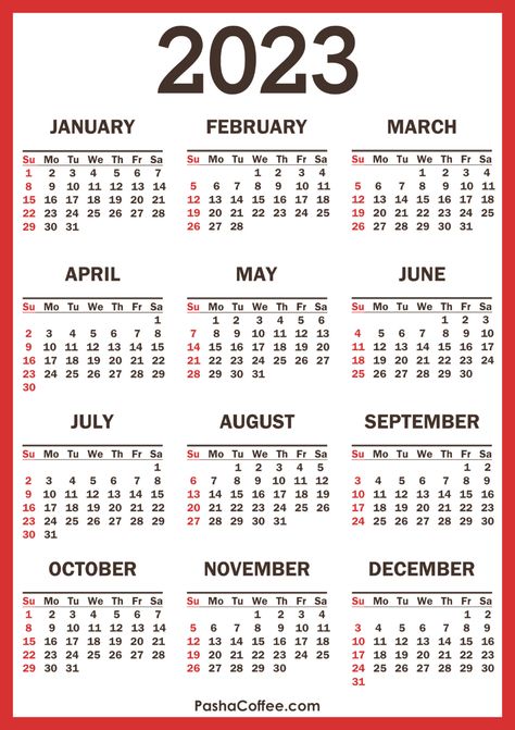 2023 Calendar with Holidays, Printable Free, Vertical, Red – PashaCoffee.com One Page Calendar, Period Calendar, Red Calendar, Start Week, Blue Calendar, Pdf Calendar, Yearly Calendar Template, Calendar With Holidays, Printable Things