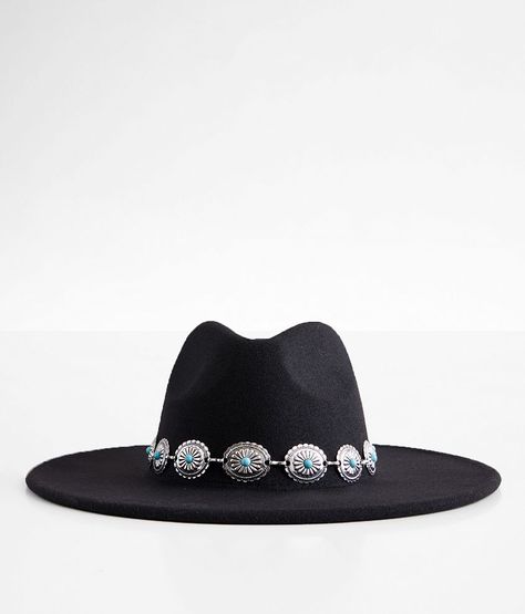 Turquoise Chain Panama Hat - Black , Women's Black Structured hat Interior cinch tie band 3 3/4 brim One size fits most. 90% Polyester 10% Alloy. Wash cold. Do not bleach. Do not tumble dry. Iron low. Dry clean. Apparel & Accessories > Clothing Accessories > Hats Panama Hat Women, Womens Hats, The Fame, Western Hats, Women's Hats, Grad Dresses, Hat For Women, Accessories Clothing, Black Flats