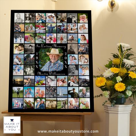 Celebrate the life of your loved one in an easy-to-create photo collage foam board display of 55 pictures through the years in memory of someone special at a funeral memorial service or Celebration of Life event. Elegant calligraphy script title IN LOVING MEMORY and for the name. Chocolate Covered Oreos Baby Shower, Heart Shaped Photo Collage, Collage Black, Photograph Display, Business Poster, Board Display, Elegant Calligraphy, Photo Collage Template, Photo Boards