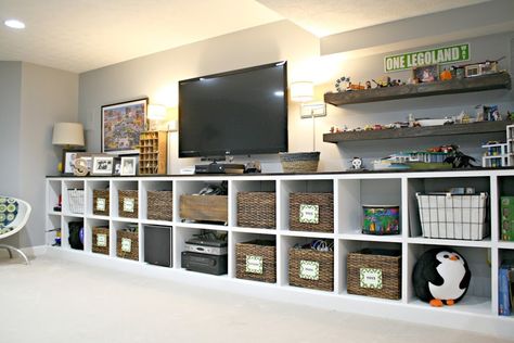 Our Hardest Working Storage (That Looks Good Too!) from Thrifty Decor Chick Baseman Ideas, Basement Diy, Basement Living, Basement Playroom, Thrifty Decor Chick, Basement Storage, Muebles Living, Playroom Storage, Basement Makeover