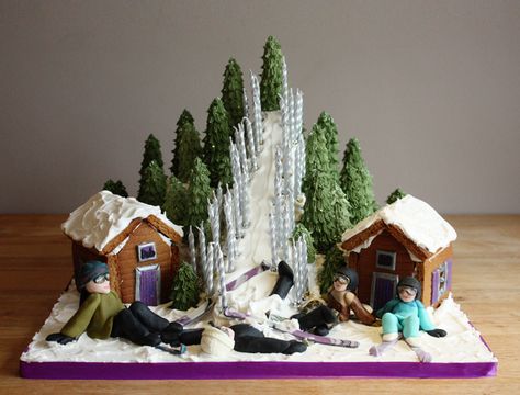 Ski Slope Cake with Gingerbread Chalets by *KatesKakes Edible Architecture, Snowboard Cake, Gingerbread Wonderland, Mountain Bike Cake, Scottish Party, Ski Cake, Rock Climbing Cake, Skateboard Cake, Surf Cake