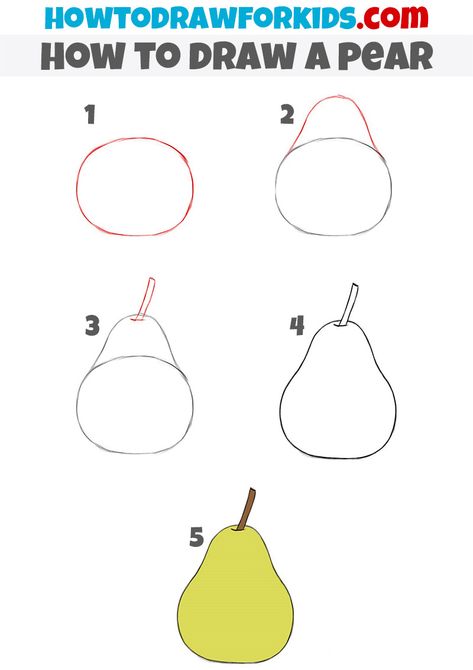 How To Draw An Avocado, Pear Drawing Simple, How To Draw Fruit Step By Step, Fruit Drawing Step By Step, Pear Doodle, How To Draw Fruit, Pear Drawing, Basic Drawing For Kids, Drawing Classes For Kids