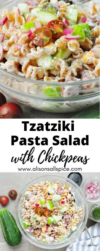 Tzatziki Pasta Salad with Chickpeas - Alison's Allspice Tzatziki Chickpea Salad, Tzatziki Pasta Salad, Tzatziki Pasta, Easy Light Dinner, Pasta Salad With Chickpeas, Chickpea Pasta Salad, Greek Yogurt Pasta, Salad With Chickpeas, Lentil Pasta