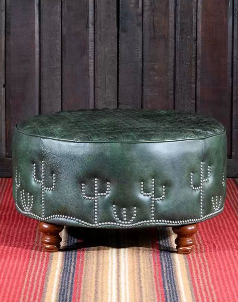 Desert Cactus Round Leather Ottoman Round Leather Ottoman, Ranch House Decor, Western Furniture, Furniture Rehab, Desert Cactus, Western Homes, Western Home Decor, Leather Ottoman, Round Leather