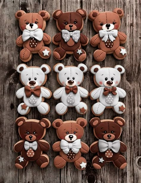 Bear Gingerbread Cookies, Teddy Cookies, Teddy Cookie, Baby Gingerbread, Flood Icing, Teddy Bear Cookies, Teddy Bear Cakes, Cupcake Cake Designs, Bear Cookies