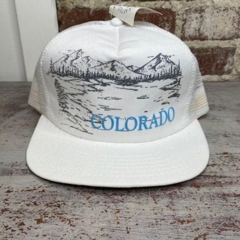 New Vintage Vtg 80s 90s 1980s 1990s Colorado Mountains Hat Flat Bill Trucker New With Tags Made In The Usa White Grey Blue Reminds Me Of The Song Rocky Mountain High - John Denver Wedding Crashers Movie, Vintage Outdoor Snapback Trucker Hat, Vintage Winter Snapback Trucker Hat, Vintage Blue Snapback Hat With Flat Bill, Vintage Trucker Hat With Logo Patch And Curved Bill, Teal Hat, Mountain Hat, Vintage Pre-washed Snapback Hat, Wedding Crashers