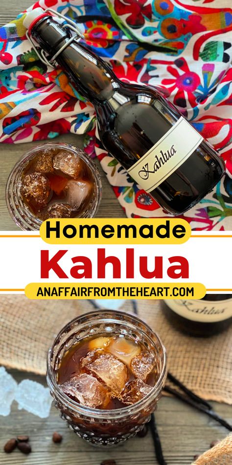 Bottle of Homemade Kahlua and a glass of Kahlua with ice in it. Coffee Vodka Recipes, Coffee Brandy Recipes, Diy Kaluha Recipes, Kahlua Recipes Homemade, How To Make Homemade Kaluha, Homemade Kahlua Recipe With Everclear, Coffee Infused Vodka, Homemade Kaluah Recipes Vodka, Coffee Mixed Drinks