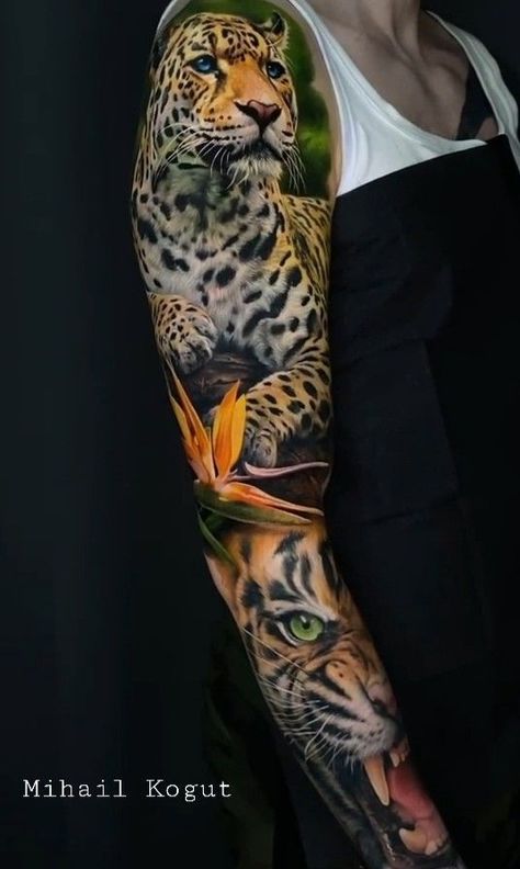 16 Full Color Tattoo Sleeve Ideas - besttattoo.wiki - Unveiling Exquisite Ink Art Leopard Tattoo Color, Jungle Cat Tattoo, Jungle Theme Tattoo Sleeve, Jungle Tattoo Ideas, Color Tattoo Sleeve, Tattoo Leopard, Jungle Tattoo, Tattoo Sleeve Ideas, Tiger Tattoo Sleeve