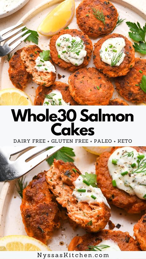 Whole30 Salmon Cakes, Salmon Patties Without Breadcrumbs, Gf Df Salmon Recipes, Whole 30 Salmon Patties, Low Calorie Salmon Patties, Vegan Salmon Patties, Whole 30 Salmon Recipes, Salmon Cakes With Fresh Salmon, Dairy Free Salmon Recipes